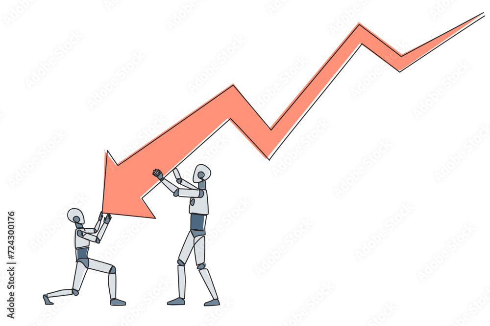 Poster continuous one line drawing two robots holding large arrow charts swooping down. one of the robots h