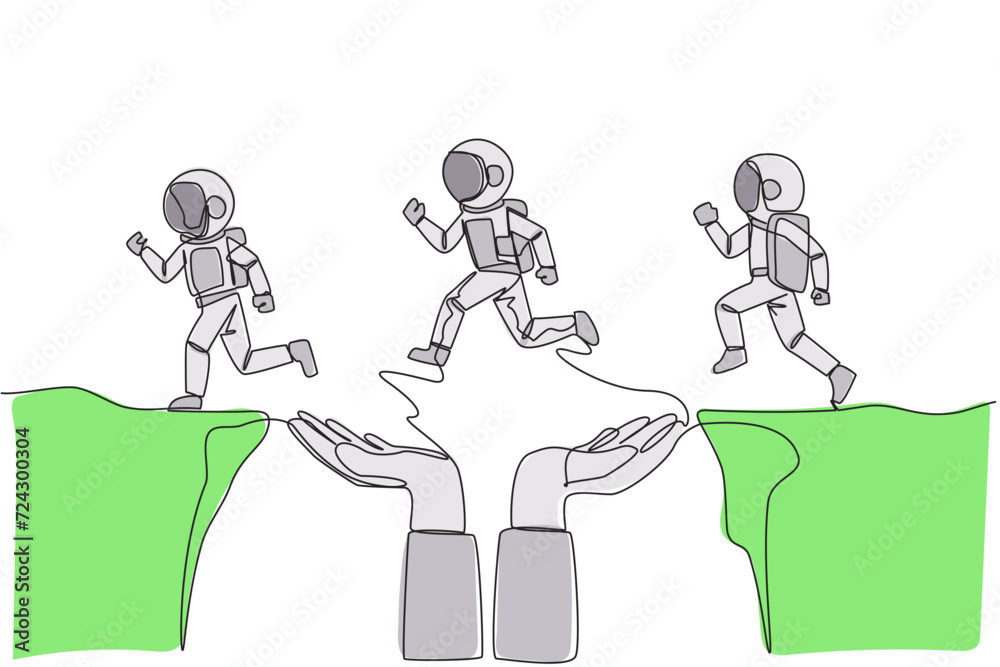 Poster continuous one line drawing 3 astronauts running through a cliff that has hole in the middle but is 