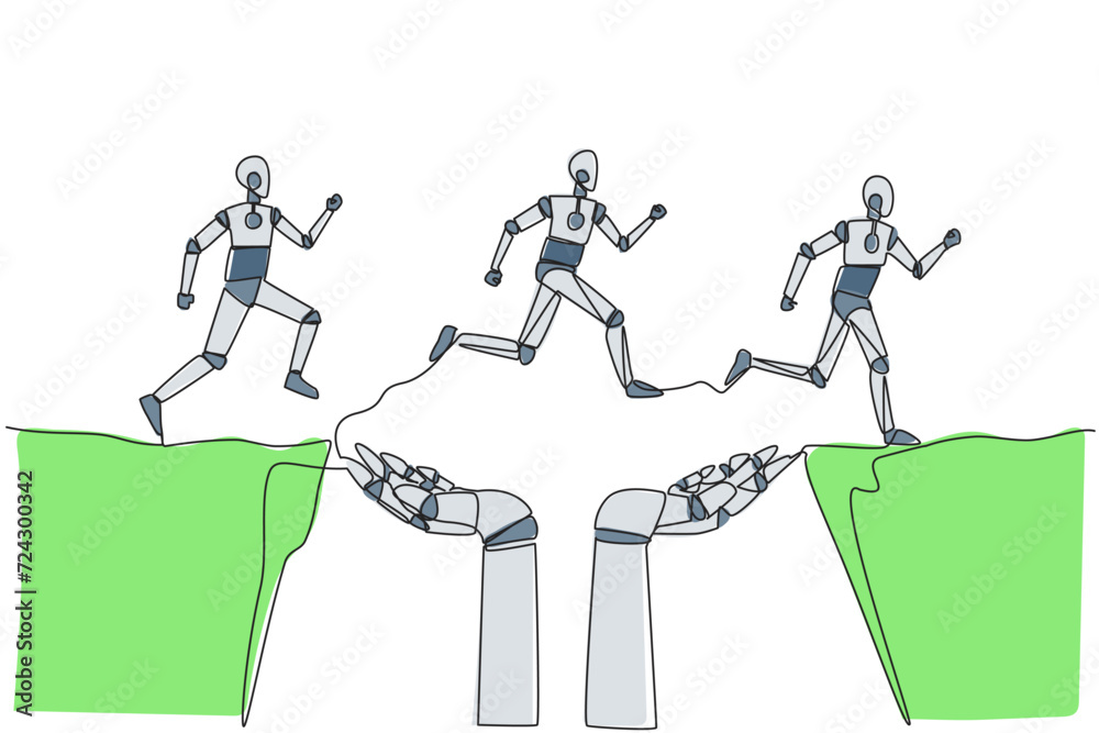 Poster single continuous line drawing three robots running through a cliff that has hole in the middle but 
