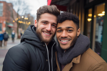 portrait of a gay couple in the city brown white men smiling hugging coat winter beautiful young happy bearded bond complicity love happiness black african lgbt diversity street restaurant scarf