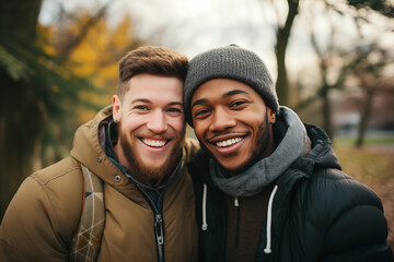 portrait of a young gay couple in the wild black and white guys smiling trees in background coat and hat winter autumn beautiful happy bearded bond complicity love happiness lgbt diversity park brown  - obrazy, fototapety, plakaty