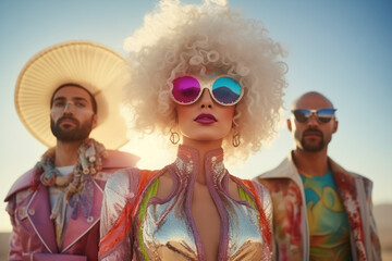 summer festival participants in desert with fancy costume woman in the center two men hat sunglasses blond wig jewels fashion jacket fun party exuberant flamboyant bright sun carnival classy