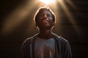 Portrait of a black teen, looking up, wearing a hoodie, closeup shot, curly hair, sunny light, intense expression, enlightment black background, happy african american boy, cute, spirit