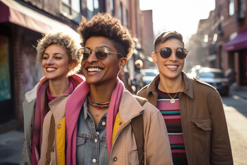 group of friends walking in a street smiling positive happy black white people colorful young queer men women genuine spontaneous authentic joy sunny youth friendship outdoors together fun vibrant