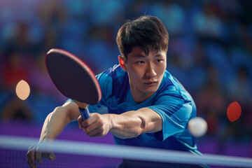 table tennis player competition Asian focused close-up portrait blurred background audience racket paddle bat ball in foreground blue tshirt games professional young chinese athlete determined sports