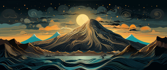 gorgeous background drawing mountain volcano lake sea moon stars sky orange blue brown black clouds night jagged landscape beautiful powerful nature banner peaks glowing light spirals lines chocolate - obrazy, fototapety, plakaty