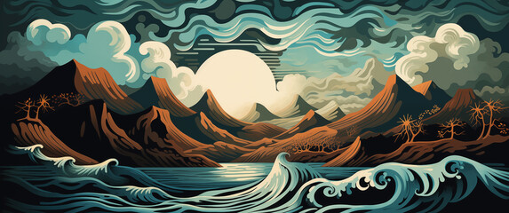 background old-fashioned landscape illustration with mountains lake sea sun cloud wind sky brown and blue beautiful drawing waves massif classic twentieth century epic spectacular vast nature