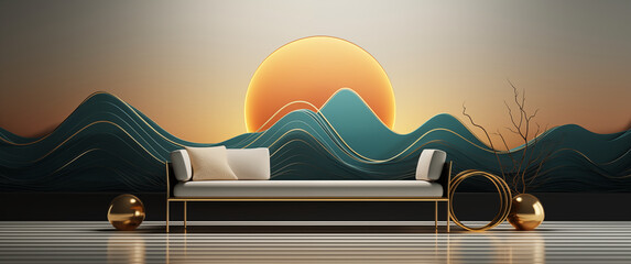 design sofa art deco in front of decorative wall with sunrise over blue mountains elegant original living room interior