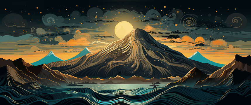 gorgeous background drawing mountain volcano lake sea moon stars sky orange blue brown black clouds night jagged landscape beautiful powerful nature banner peaks glowing light spirals lines chocolate