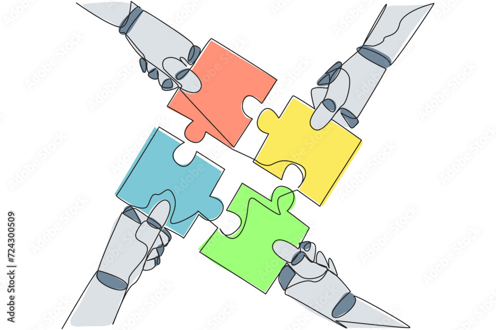 Poster continuous one line drawing four robot hands holding a puzzle piece each other. doing teamwork to as