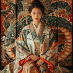 Japanese woman wearing a Kimono, Traditional Japanese Fashion, Japanese Kimono with a Dragon Motif, Traditional Dress, Japan
