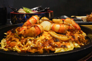 seafood okonomiyaki, shirmp, squid, and egg