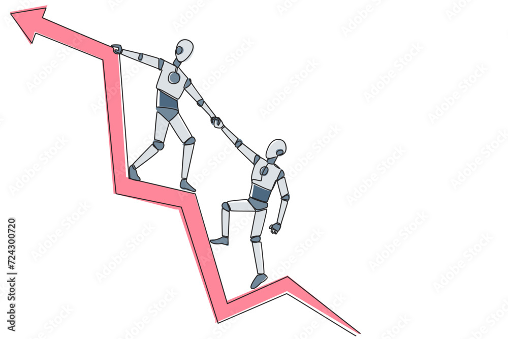 Poster continuous one line drawing robot pulls the arm of another robot that fell from graphic arrow. team 