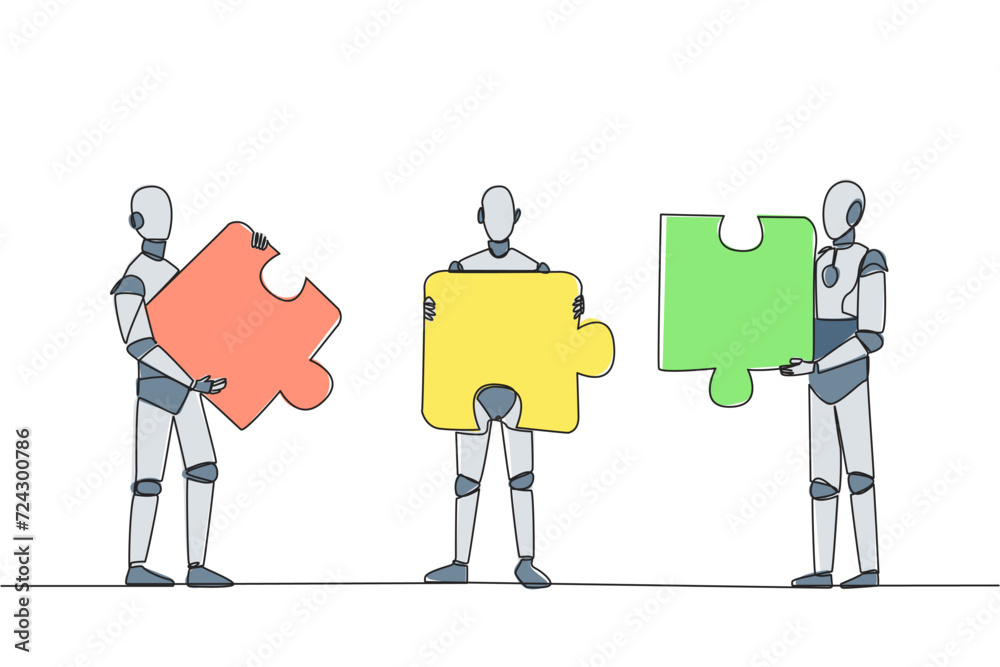 Poster single one line drawing three robots each carrying three puzzle pieces. teamwork of robots putting t
