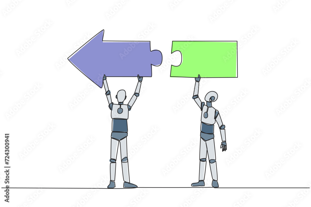 Poster single continuous line drawing two robots working together carrying a directional arrow puzzle. meta