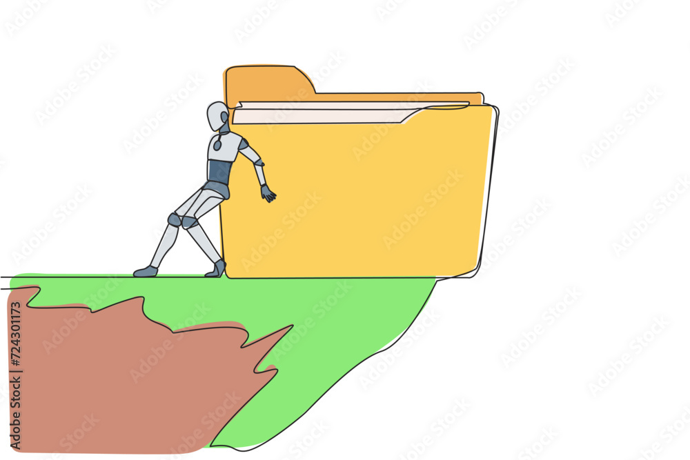 Poster continuous one line drawing robot pushes a large folder down on its back from the edge of cliff. sma