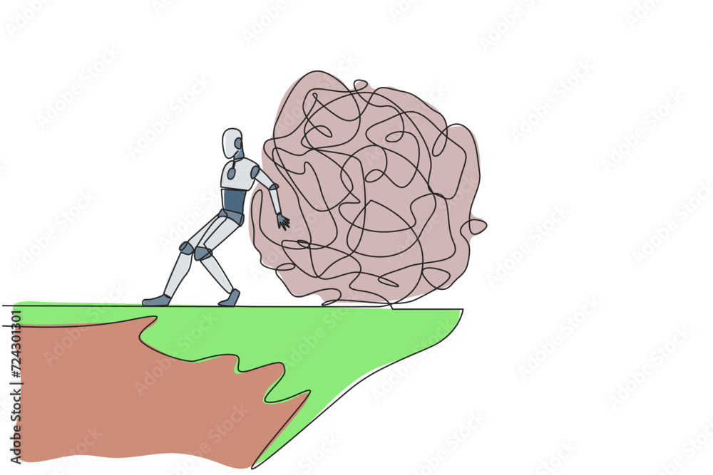 Poster single continuous line drawing robot pushes a tangled circle giant down from the edge of cliff. drop