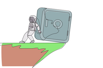 Continuous one line drawing astronaut pushed giant safe deposit box down with his back from the edge of the cliff. Cosmonaut deep space. Galaxy concept. Single line draw design vector illustration