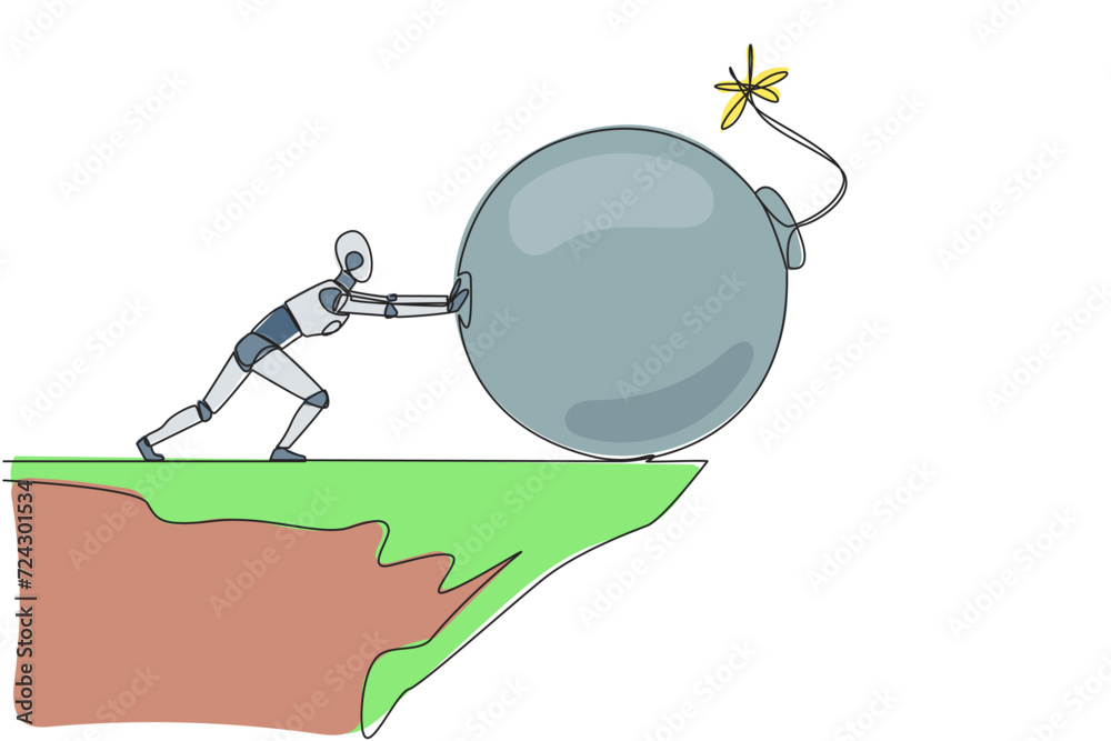 Poster continuous one line drawing robot pushes large bomb with a burning fuse down from the edge of cliff.