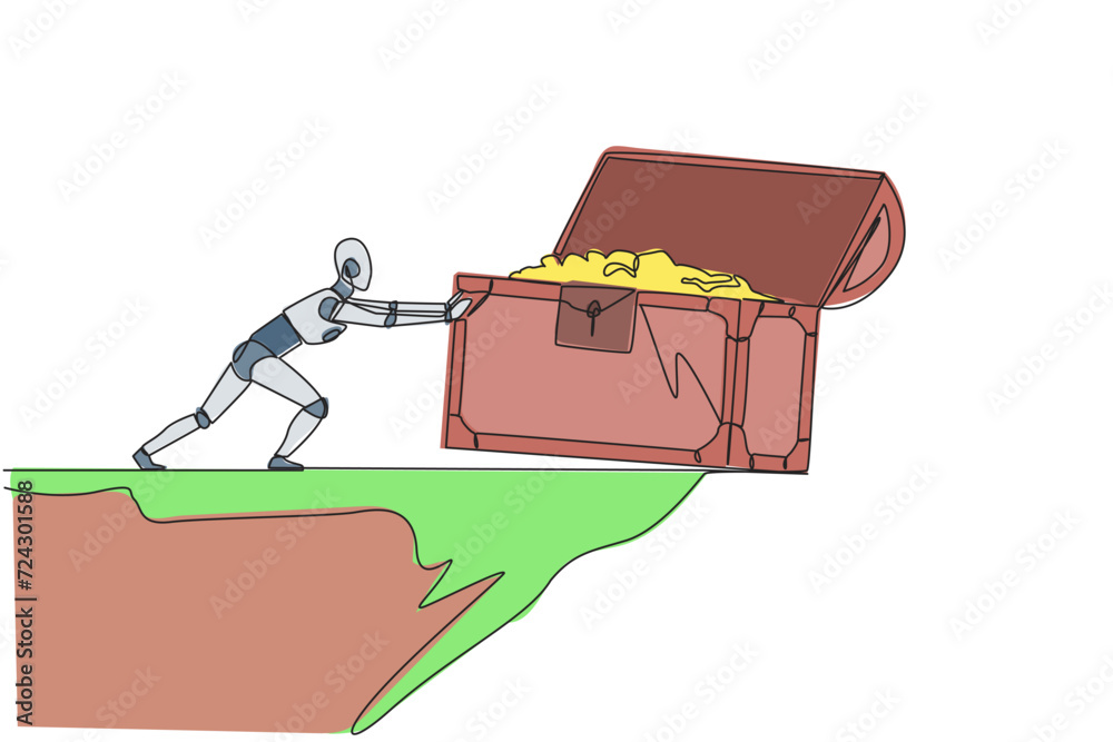 Poster continuous one line drawing robot pushes open giant treasure chest down from the edge of the cliff. 