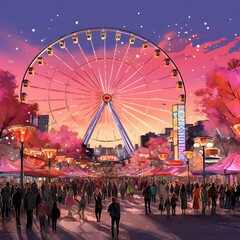 Amusement park with ferris wheel at night in Paris, France - obrazy, fototapety, plakaty