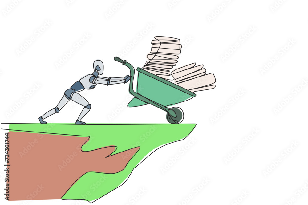 Poster single continuous line drawing robot pushes a wheelbarrow filled with piles of paper and binders dow