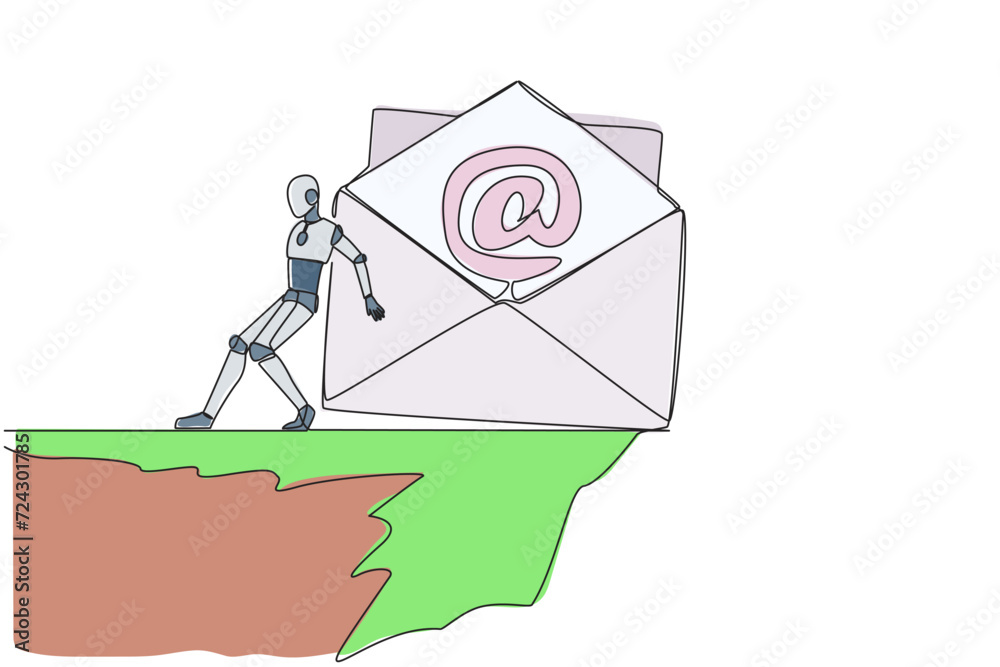 Poster continuous one line drawing robot pushes a large email icon down with its back from the edge of clif