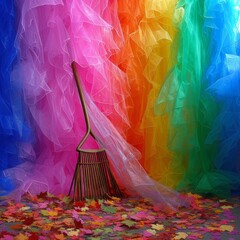 Colorful autumn background with a broom and fallen leaves. Illustration