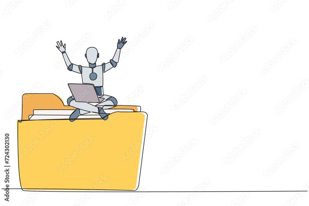 Poster single one line drawing robotic artificial intelligence sitting on giant folder holding laptop raise
