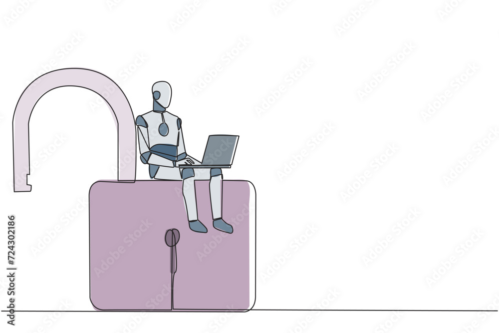 Aufkleber single continuous line drawing robotic artificial intelligence sitting on big open padlock typing la
