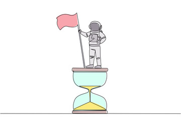 Continuous one line drawing young energetic astronaut standing on giant hourglass holding fluttering flag. Expedition on Mars is nearing the end of the work. Single line design vector illustration