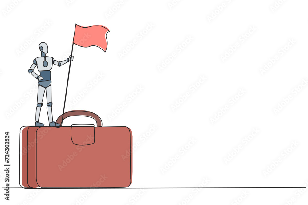 Poster continuous one line drawing of robotic artificial intelligence standing on giant briefcase holding f