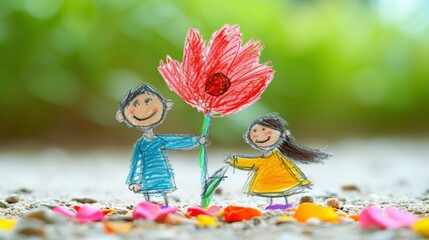 A Children's Drawing of a Boy and Girl Holding a Red Flower on the Sandy Floor with Scattered Petals