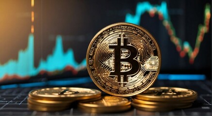 Bitcoin gold coin and defocused chart background, cryptocurrency bitcoin halving concept. The economic growth and basic financial investment business
