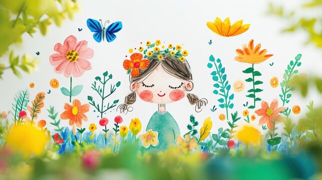 Joyful Art of a Young Girl with Vibrant Floral Elements Celebrating Youth and Nature's Beauty of Spring Season