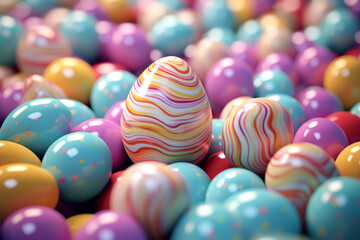 Naklejka premium funny Easter bunny with eggs 3d art Happy Easter Day, Easter Eggs 3D Illustration, Easter Bunny Banner Easter happy background egg banner card holiday spring pattern rabbit Generative Ai