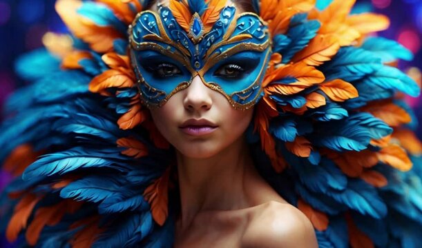 beautiful girl in a colorful sumptuous carnival feather suit and Realistic luxury carnival mask with blue feathers. Abstract blurred background, gold dust, and light effect
