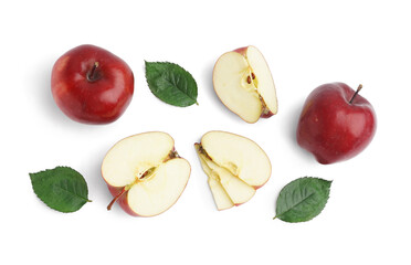 Fresh red apples and leaves on white background