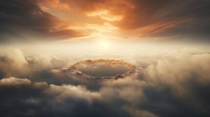 A dramatic sunrise illuminating clouds around the edge of a majestic circular crater formation. - obrazy, fototapety, plakaty