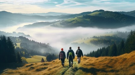 Three hikers standing at the edge of a mountain, looking over a valley covered in morning mist.