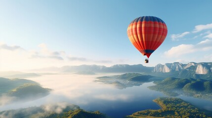 A serene hot air balloon flight above a mist-covered mountainous landscape during the early morning hours.