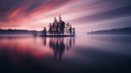 Naklejka premium A serene long exposure photograph capturing isolated trees on a smooth lake with streaked sunset clouds.