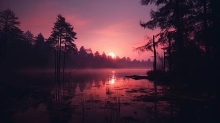 A tranquil scene of silhouetted trees against a misty lake as the sun sets in a purple sky.