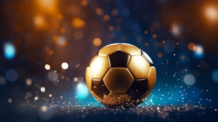 Fototapeta premium A luxurious golden soccer ball with sparkling effects on a dark, moody background with light bokeh.