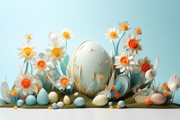 funny Easter bunny with eggs 3d art Happy Easter Day, Easter Eggs 3D Illustration, Easter Bunny Banner Easter happy background egg banner card holiday spring pattern rabbit Generative Ai