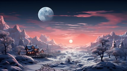Winter landscape with snow covered trees and house. 3d render illustration