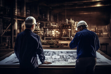 Engineers Discussing Blueprint in Industrial Setting