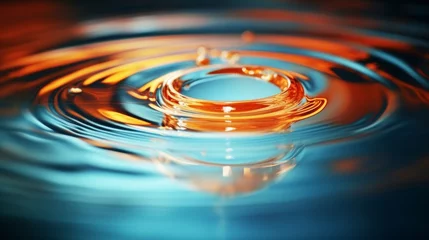 Fotobehang A vivid water drop creating a dynamic ripple on a blue liquid surface, displaying fluid motion. © red_orange_stock