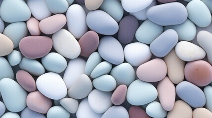 Smooth, pastel-colored pebbles close-up, creating a calming and harmonious textured background.