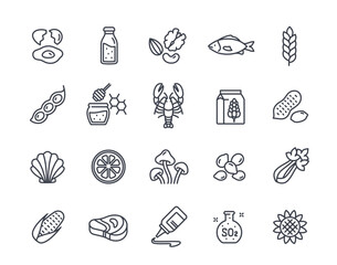 Set of linear allergens icons. Eggs, milk, seafood, mushrooms and nuts. Design elements for application or website. Healthy lifestyle. Outline simple vector collection isolated on white background